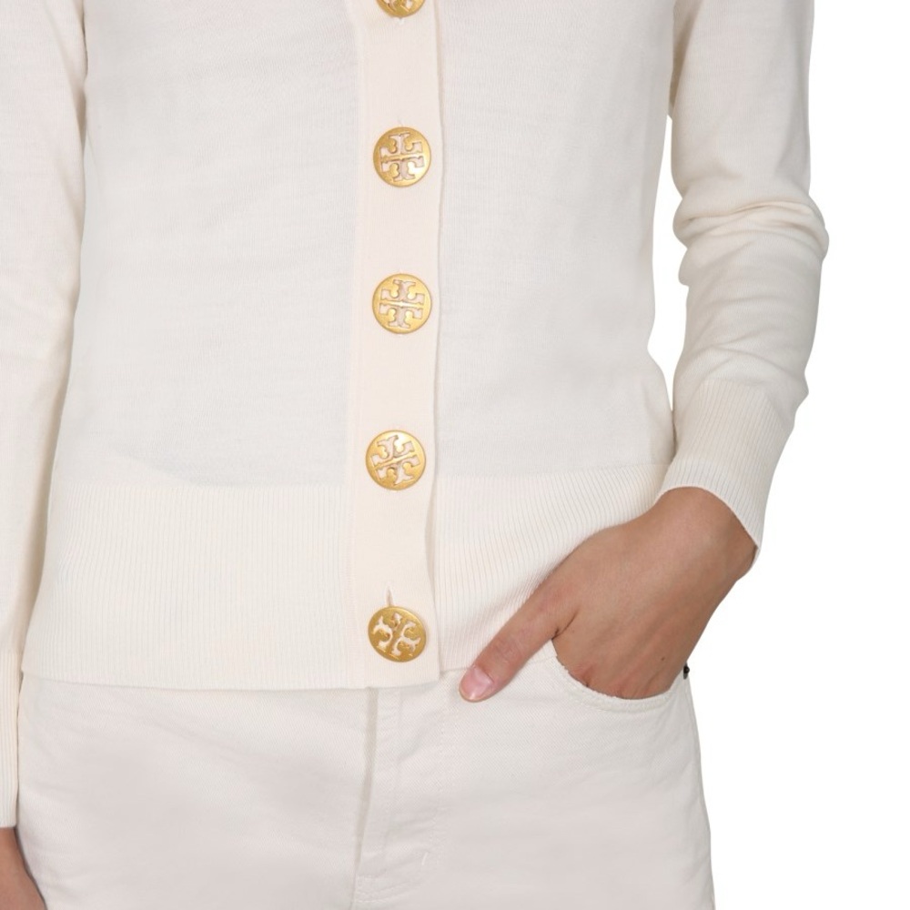 Tory Burch White Cotton Cardigan with Gold Buttons